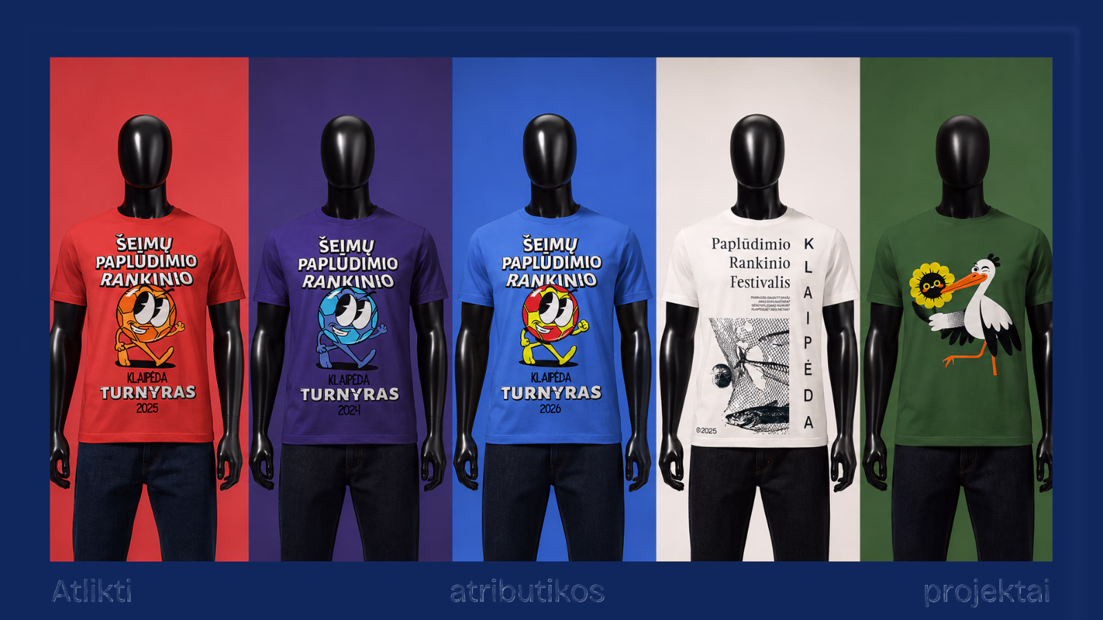 Five shirt designs for the Klaipeda family beach handball tournament, shown on mannequins against coloured panels