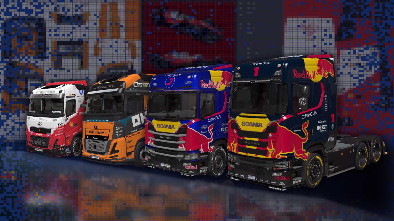 Four racing-liveried semi trucks rendered in 3D, lined up against a pixel-mosaic wall