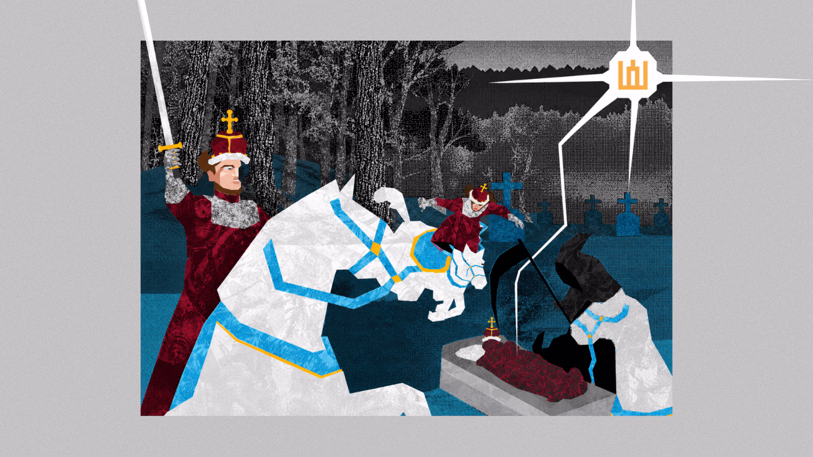 Cut-paper collage illustration of a crowned knight raising a sword beside a white horse in a moonlit graveyard