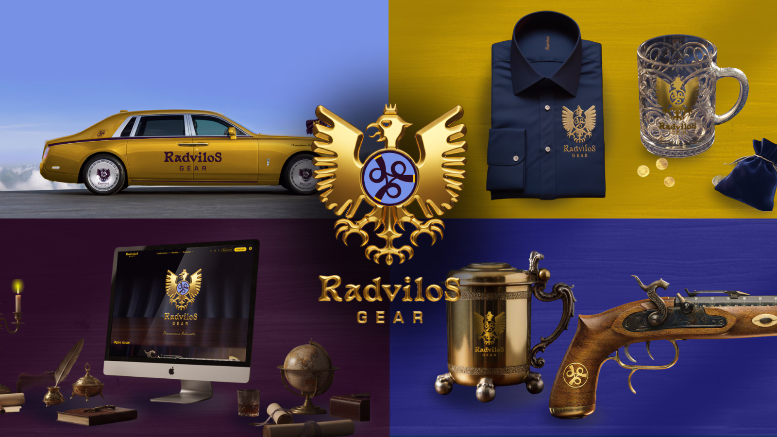 Radvilos Gear brand identity: the gold eagle crest applied across a car, shirt, tankard, pistol and website mockup